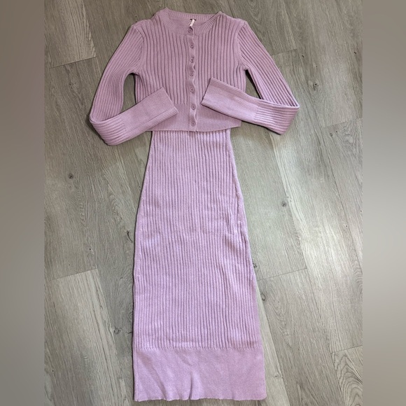 Free People Dresses & Skirts - Free People Sweater Dress With Button Cardigan Set Size Small Purple